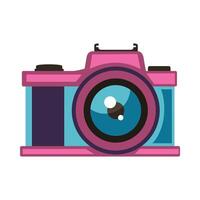 A vibrant, flat design illustration of a pink and purple camera with a large lens, flash, and two control dials on top. Colorful and modern design blends retro elements with contemporary style vector