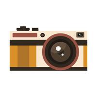 A vintage-style camera with a large lens, top dials, and a two-tone brown and cream body. The design is classic and elegant, blending retro aesthetics with functional photography elements. vector