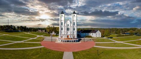 Basilica in Aglona, Latvia Aerial view of the white Catholic Church basilica in Latvia, Aglona photo
