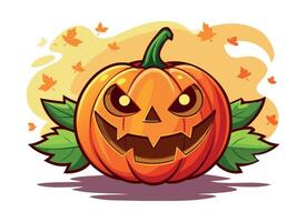 Spooky Halloween Pumpkin Illustration with Autumn Leaves vector