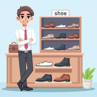 Customers are being shown a wide array of classic and athletic shoes by the salesperson inside the store. vector