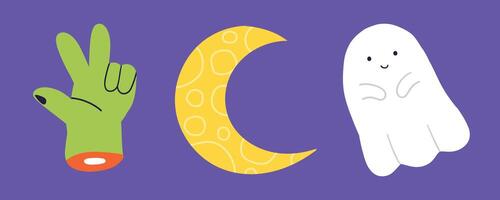 A playful Halloween illustration featuring a green monster hand making a peace sign, a yellow crescent moon with polka dots, and a cute white ghost on a purple background vector