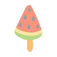 Watermelon-shaped popsicle illustration with orange, green, and yellow layers, featuring gray seeds. A simple, playful, and colorful design perfect for summer-themed projects or refreshing concepts vector