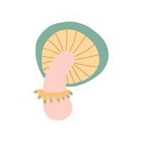 Illustration of a whimsical mushroom with a green cap, beige gills, and a soft pastel color palette. Simple and cute design, perfect for nature-themed or autumnal projects vector