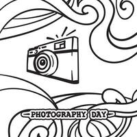 Cartoon hand drawn design of camera with abstract waving line art background. good template for world photography day design vector
