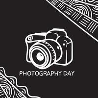 White line art design of simple dslr camera with vintage hand drawn lines in black background vector