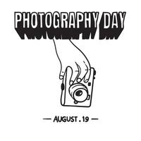 hand drawn design of a hand holding a camera with simple retro 3d text of photography day. Good template for world photography day design vector