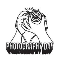 Hand drawn design of a pair of hands holding a camera ready to capture with Photography day text on bottom. Good template for world photography day vector
