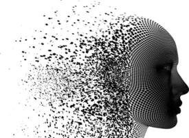 Dispersion effect. Human head dispersing and disintegrating into particles. Illustration of fusion between human and artificial intelligence. vector