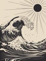 Black and white illustration of a giant wave crashing with a sun and radiating lines in the background vector