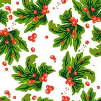 seamless pattern with chrisrmas branches woth holly berries on white background vector