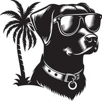 A dog wearing sunglasses and a collar with a palm tree black color silhouette solid white background vector