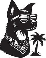 A dog wearing sunglasses and a collar with a palm tree black color silhouette solid white background vector