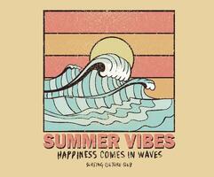 Sunshine paradise vibes t shirt print design. Sun vintage artwork. Abstract ocean wave. Happiness comes in wave. vector