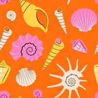 Seamless pattern with pink and yellow seashells on orange background vector