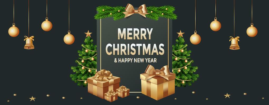Merry Christmas and Happy New Year banner with gift boxes and christmas trees