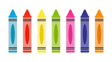 Colorful Row of Seven Crayons in Various Bright Colors on a White Background. vector