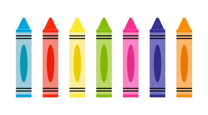 Colorful Row of Seven Crayons in Various Bright Colors on a White Background.