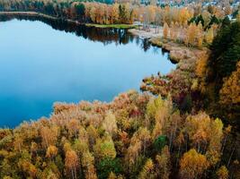 Aerial Drone view of colorful top of the forest and a lake at Autumn photo