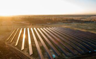 Aerial view of industrial sized solar panel farm during sunset, illustrating the blend of technology and nature photo