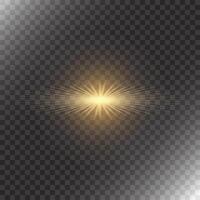 Bright flattened glowing shining star with many sharp rays. warm yellow light burst on transparent background vector