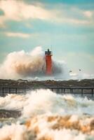 Close up Huge waves crashing lighthouse during the storm Stormy weather in Riga, Latvia photo