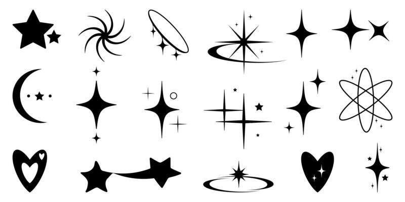 Hand Drawn Set of Tattoo art stickers 90s - 2000s in trendy Y2k Aesthetic Style. Simple geometric y2k shapes. Retro lines vintage elements, sparkle star, heart. Isolated illustration.