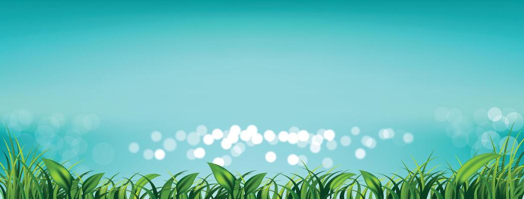 Sky with fresh green grass and light bokeh the sea for Spring or summer background