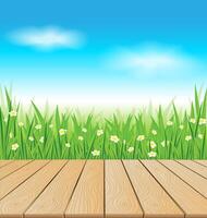 Wooden Deck Overlooking Green Field with flower vector