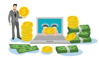 business man and laptop with dollar for make money from online concept vector