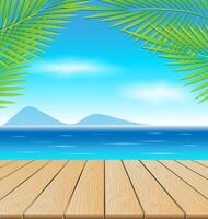 Wooden Deck Overlooking the Ocean and Palm Tree Beach View vector