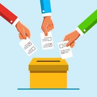 Human hands holding ballots for voting, casting them into a voting box vector
