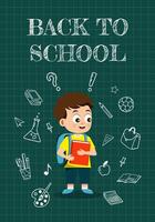 Child with Backpack on Chalkboard Background with 'Back to School' Text vector