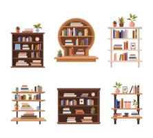 Various bookcases, book cabinets, shelves with stacks of educational books, plants and objects. isolated flat illustrations on white background for book store, World Book Day, book fair designs vector