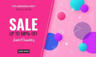 Horizontal Sale banner with geometric shapes, lines, dots. Background in Memphis style for promotion, social media post, advertising, Summer Sale, Black Friday. template. vector