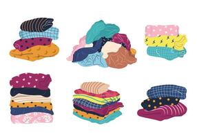 Stack of clean, ironed and dirty items of clothing. Set of folded multicolored clothes, apparel and garments, including sweaters, plaid, shirts, blanket. Isolated illustrations on white. vector