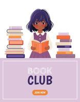 Vertical banner or landing page template for a library, book club, bookstore app with a girl and a pile of books. A cartoon illustration of a little kid. An e-library, an e-book concept illustration. vector