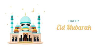 Happy Eid Mubarak. Horizontal illustration with Islamic mosque for a poster, greeting card, web banner or as an invitation. Ramadan Kareem. Modern design for any purposes. vector
