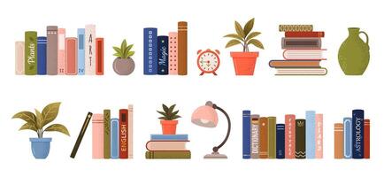 isolated stack and piles of various books. World book day. set of educational books, plants, alarm clock, lamp. Grainy illustrations on white background for book festival, store, book fair. vector