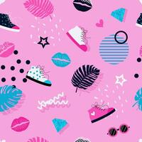 Multicolored seamless pattern. Memphis design. Flat sneakers, lips, sunglasses and geometric elements on a pink background. Stylish pattern for prints, textiles, sports designs. illustration. vector
