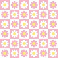 Retro checkerboard groovy seamless pattern with daisy flowers on a pink checkered background. Cute colorful trendy illustration in style 70s, 80s for surface design vector