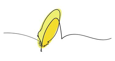 Bird's feather in continuous single line drawing style illustration. Simple element with yellow back round abstract for decor elements. Signature aesthetic. vector