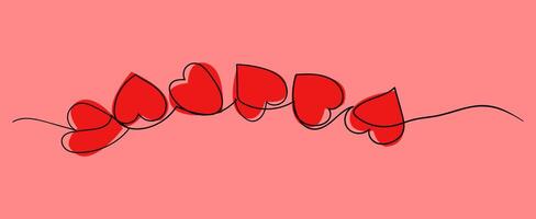 hearts line art concept. Red Ribbon decorative design. Several red hearts continuous wavy line art drawing on red background. Happy Valentine's day header or banner vector