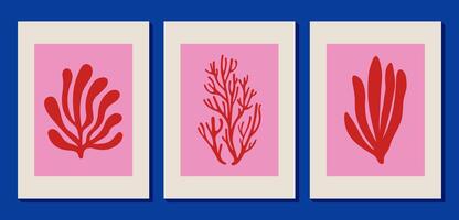 Contemporary abstract poster. Simple stylized seaweed. Matisse inspired. Red modern algae and corals. Hand drawn nature shapes in minimal style. Perfect for marine-themed, underwater scenes and print. vector