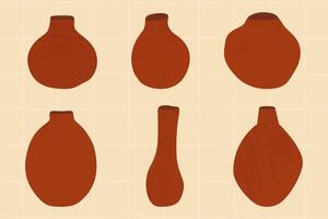 Unique clay and ceramic vases on a beige checkered background. Handmade pottery set in boho style. Trendy asymmetric hand drawn texture. Perfect for home decor, art pottery projects. vector