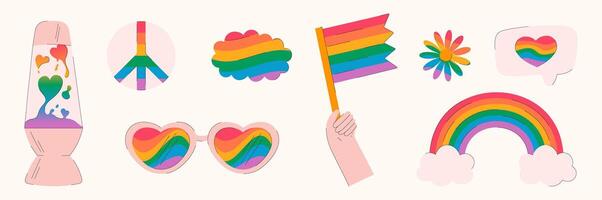 Collection of rainbow-colored pride stickers, hearts, flowers, a peace sign, a lava lamp, sunglasses, a flag. LGBTQ illustrations symbolizing love and diversity for inclusive projects. vector