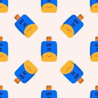Sunscreen seamless pattern. Various SPF cream tubes. Sunblock, skin protection and UV rays blocking. Perfect for summer-themed projects, young products, and beach-related designs. vector