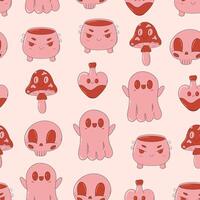 Cute and creepy seamless pattern. Trendy pink and red print. Retro cartoon style. Cauldron, skull, potion, mushroom, ghoost. Happy Halloween. vector