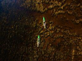 Aerial view of two kayakers on a serene river with underwater plants visible photo
