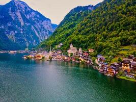 Beautiful mountain village Hallstatt in the Austrian Alps, Salzkammergut region, Hallstatt, Austria. Aerial drone view. photo